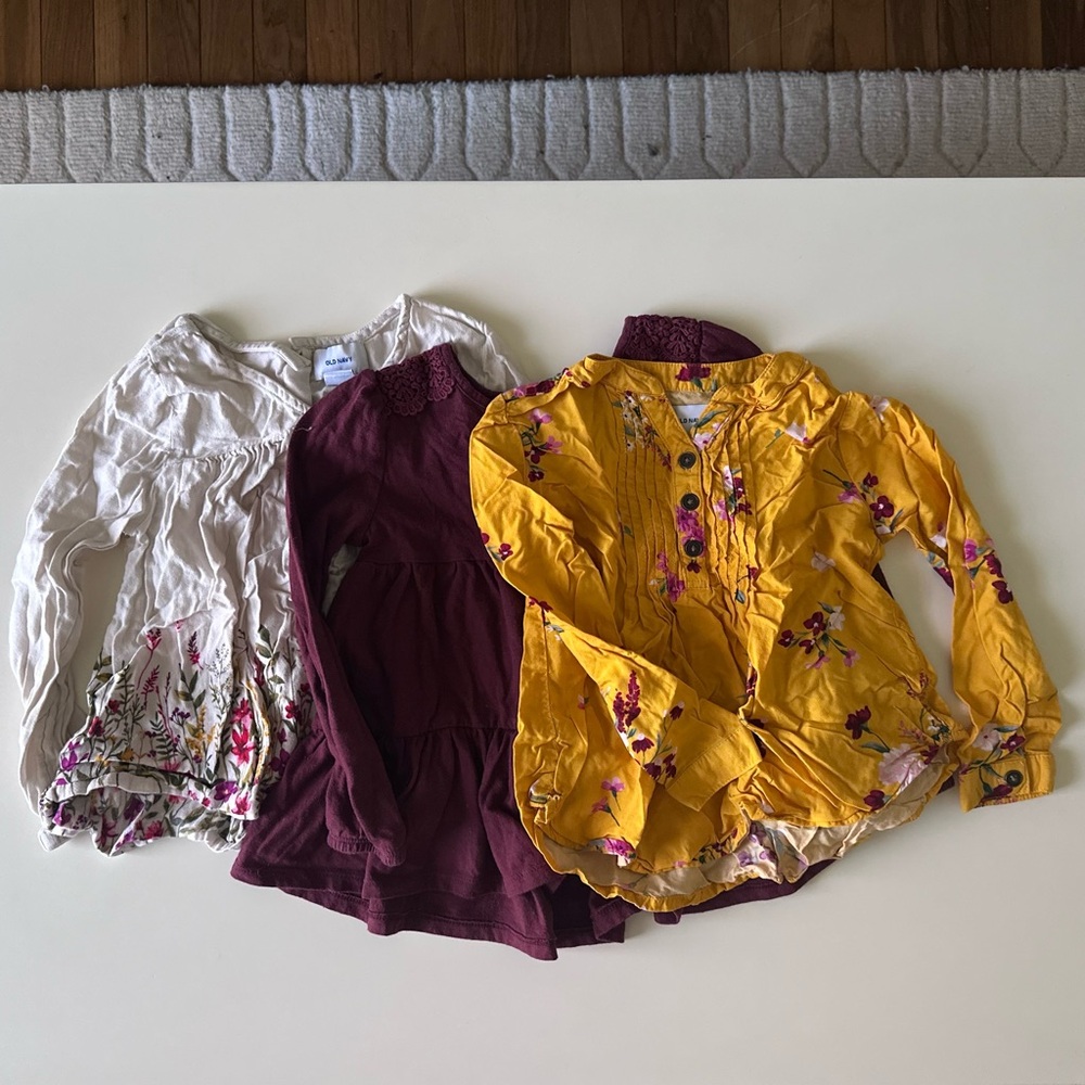 4T Old Navy Girls flower blouses in White, Burgundy, and Yellow